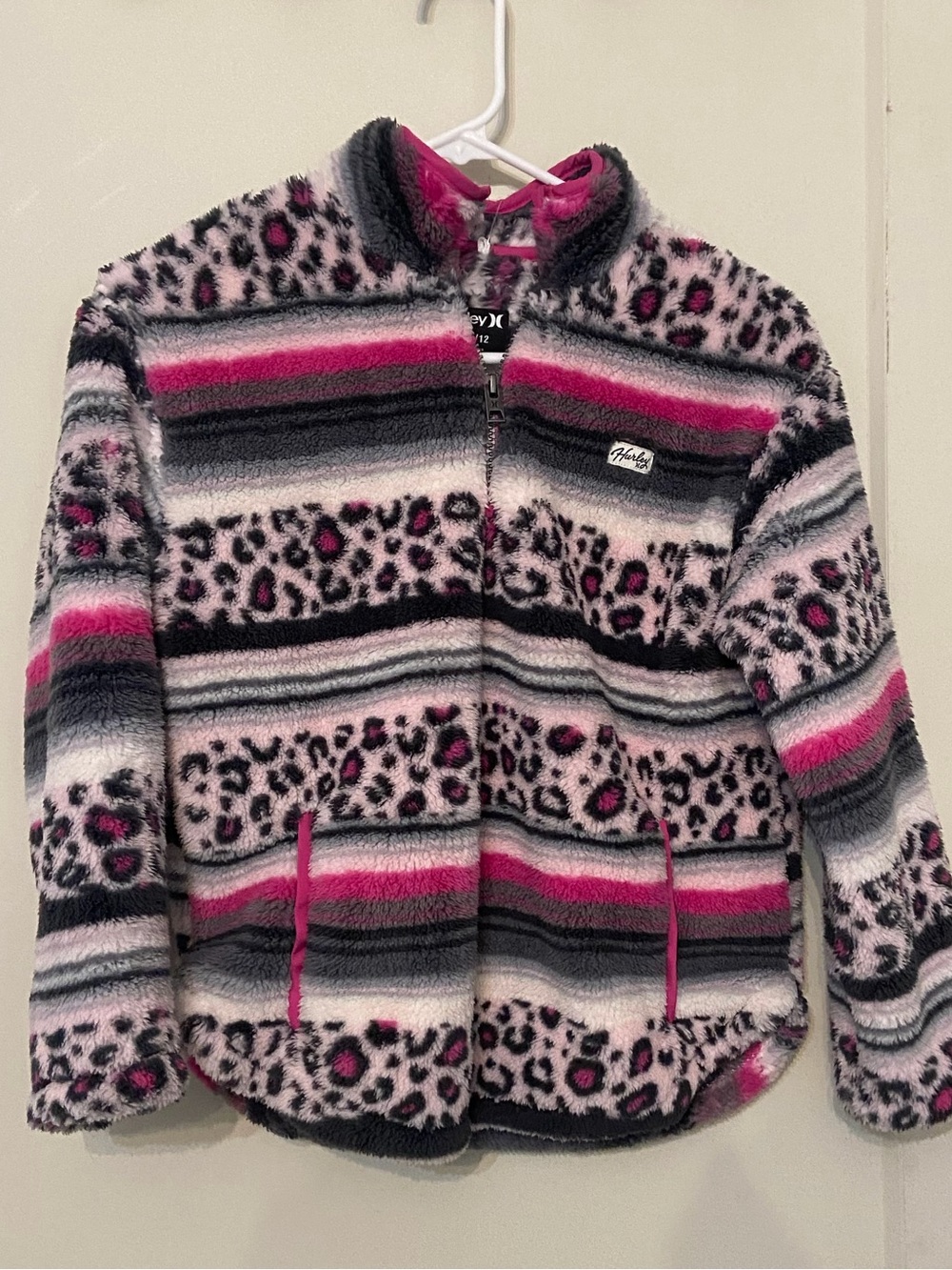 Hurley Girls Pink, Black & Gray Leopard Stripe Fleece Jacket